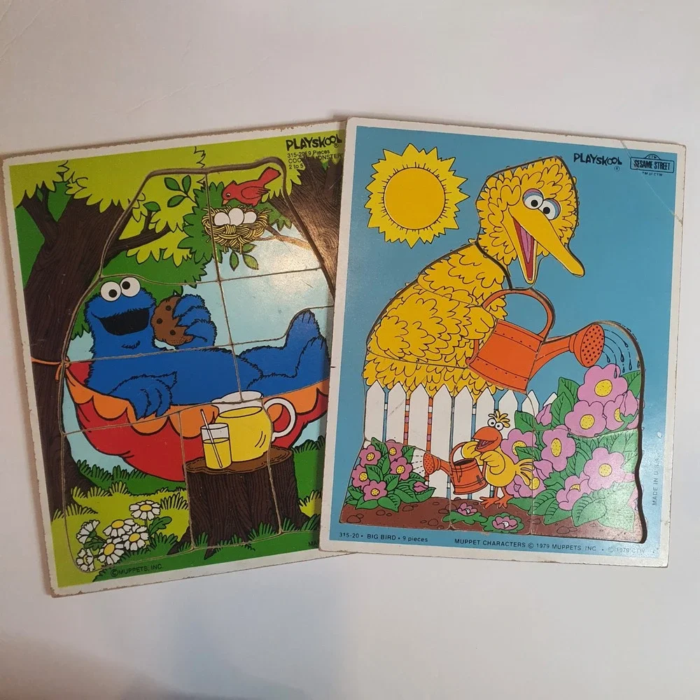 Vintage 1979 Playskool Sesame Street Wood Tray Puzzles Big‎ Bird Cookie Monster